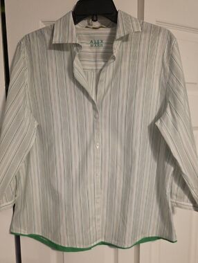 Alex Marie-Green Lime Grey Stripe- Wrinkle Free Stretch- 3/4 Sleeve Shirt - 16